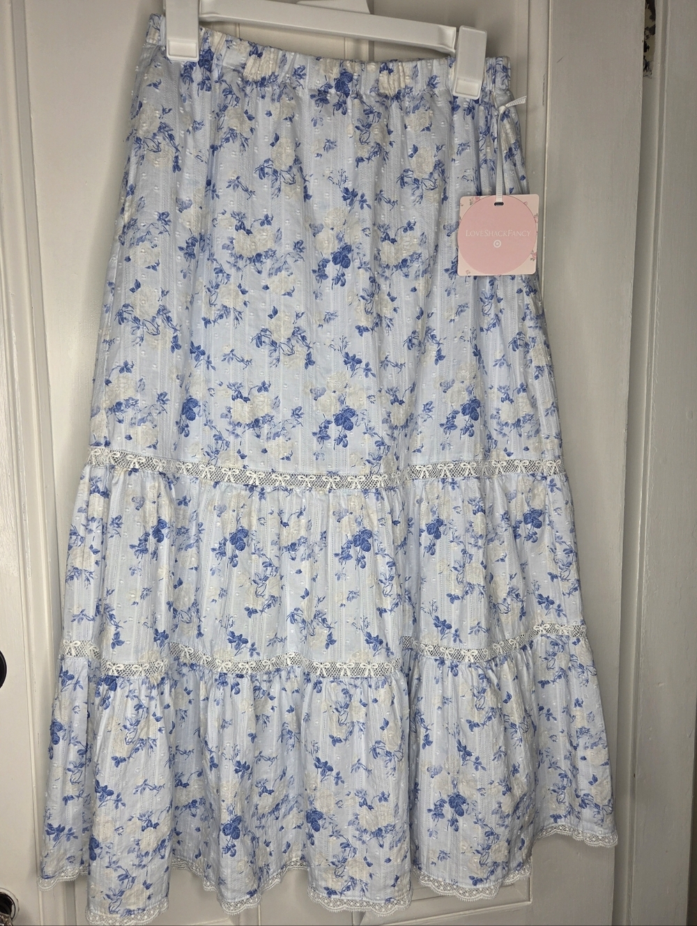 LoveShackFancy Light Blue Floral Tiered Maxi Skirt